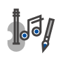 Guitar, musical note and brush icon